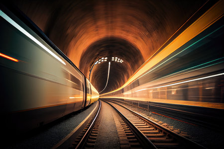 subway tunnel, with view of passing trains and blurred lights in the background, created with generative aiの素材