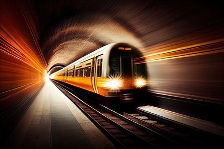 subway train, speeding through underground tunnel, with lights and reflections flickering, created with generative aiの素材