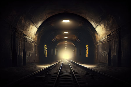 subway tunnel with flickering lights, creating a spooky atmosphere, created with generative aiの素材