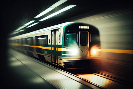 subway car, speeding through the tunnel, with blur of lights and shadows, created with generative aiの素材