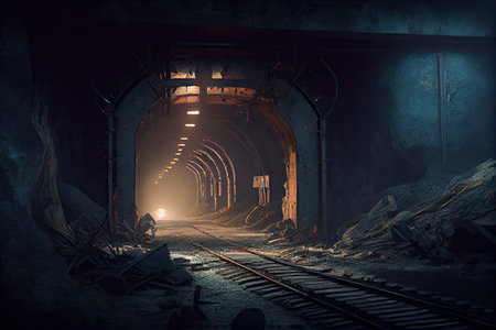 subterranean tunnel, with dimly-lit bulbs and abandoned infrastructure, creating mysterious and eerie atmosphere, created with generative aiの素材
