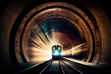 subterranean subway tunnel, with train speeding past and lights flashing, created with generative aiの素材