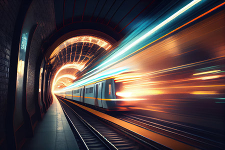 subway car speeding through the tunnel, with view of flashing lights and tunnel walls, created with generative aiの素材