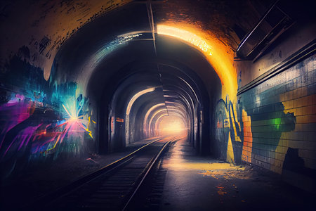 subway tunnel with flickering fluorescent lights and graffiti art, created with generative aiの素材