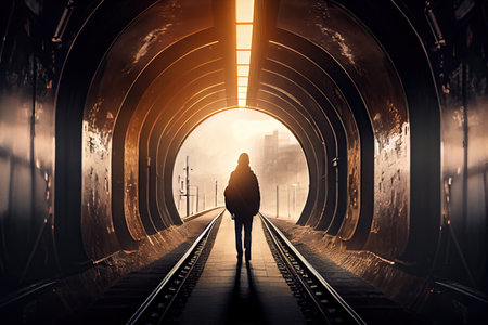 person, walking through subway tunnel, with view of train approaching in the background, created with generative aiの素材