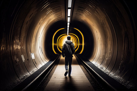 person, walking through subway tunnel, with view of train approaching in the background, created with generative aiの素材