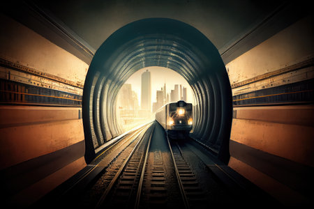 subway tunnel, with view of train approaching, rush hour bustle visible in the background, created with generative aiの素材