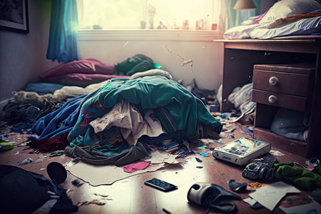 ripped clothes lie on floor in messy room after party, created with generative aiの素材