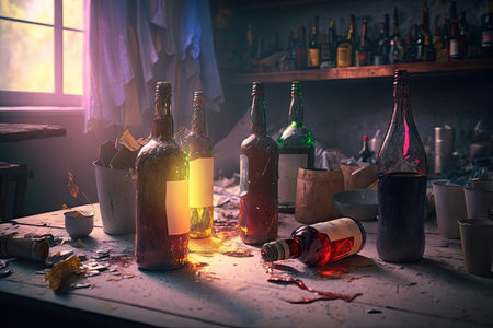 alcohol bottles on table in dirty messy room after party, created with generative aiの素材