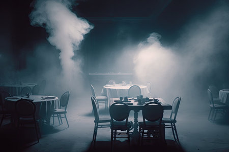 empty room after party with chairs and tables in smoke-filled haze, created with generative aiの素材