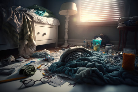 mess in room after party with used towels and glasses on floor, created with generative aiの素材