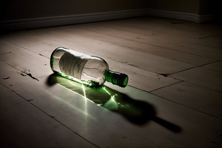empty bottle lying on floor in room after party lights turned off, created with generative aiの素材