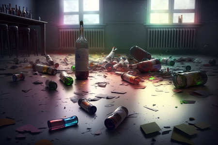 dirty room after party with overturned bottles of alcohol and glasses on floor, created with generative aiの素材