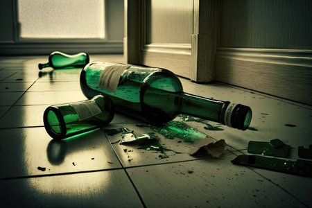 save dirty broken bottles on floor after party in room before cleaning, created with generative aiの素材