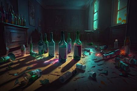 inside of dark room after party with broken glasses and bottles on floor, created with generative aiの素材