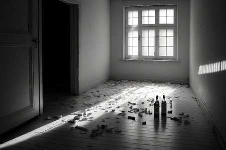 empty room after party with alcohol bottles and glasses on floor, created with generative aiの素材