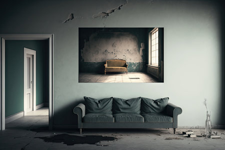 empty sad room after party with sofa against wall, created with generative aiの素材