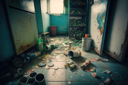 dirty dirty room after party with empty bottles and cups on floor, created with generative aiの素材