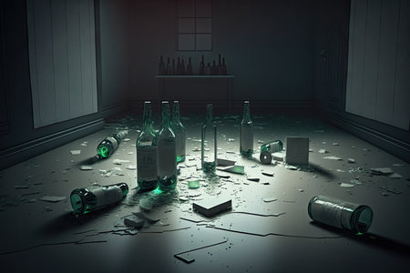 dark room after party with empty bottles and glasses sprinkled on floor, created with generative aiの素材