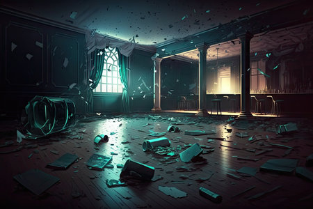night club party empty room with broken bottles and cigarette after party, created with generative aiの素材