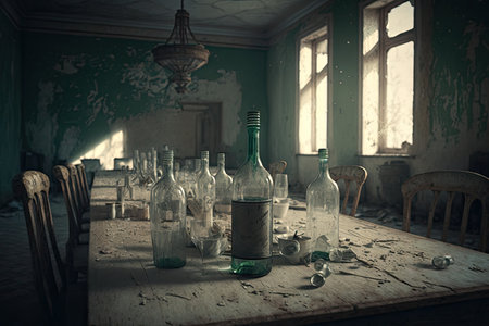 empty room after party with bottles and glasses on table, created with generative aiの素材