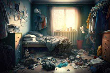 bedroom littered with clothes and other items after room after party, created with generative aiの素材