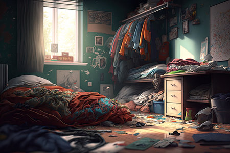bedroom littered with clothes and other items after room after party, created with generative aiの素材