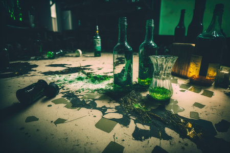 smashed bottles of alcohol and glasses on floor in dirty room after party, created with generative aiの素材