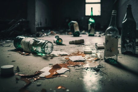 smashed bottles of alcohol and glasses on floor in dirty room after party, created with generative aiの素材
