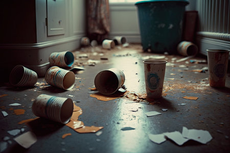 dirty dirty room after party with garbage on floor and fallen down cups, created with generative aiの素材