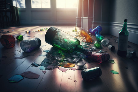 smashed bottles of alcohol and glasses on floor in room after party, created with generative aiの素材