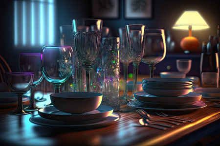 dishes and glasses on table in room after party, created with generative aiの素材