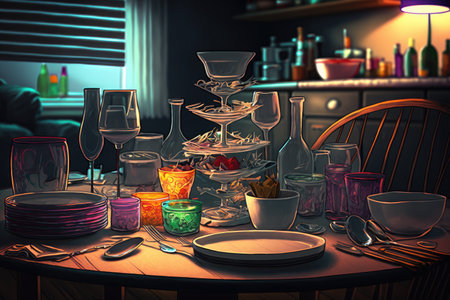 dishes and glasses on table in room after party, created with generative aiの素材