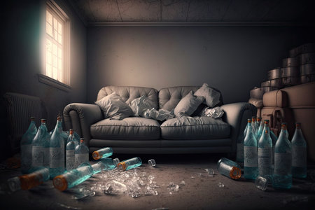comfortable sofas and empty bottles on floor in room after party, created with generative aiの素材