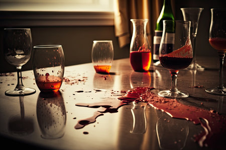 glasses with beer and wine spilled on table in room after party, created with generative aiの素材