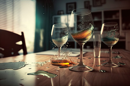 glasses with beer and wine spilled on table in room after party, created with generative aiの素材