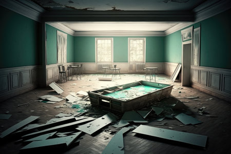 empty room after party with folded pool tables and spilled glasses on floor, created with generative aiの素材