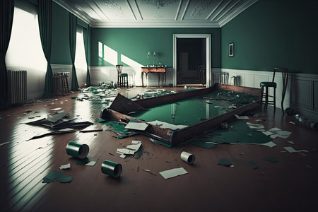 empty room after party with folded pool tables and spilled glasses on floor, created with generative aiの素材