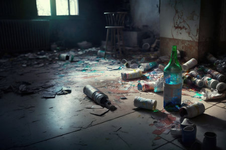 dirty messy room after party with empty bottles and glasses on floor, created with generative aiの素材