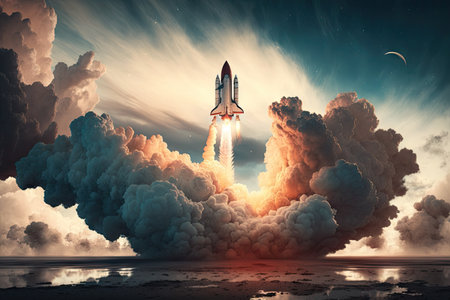 rocket launch, with dramatic sky and clouds in the background, created with generative aiの素材