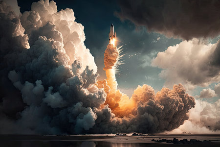 rocket launch, with dramatic sky and clouds in the background, created with generative aiの素材