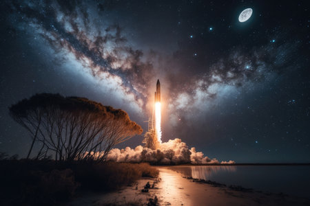 rocket launch, with fiery trails and smoke, against starry night sky, created with generative aiの素材