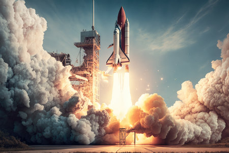 full-scale rocket launch, with countdown and liftoff visible in the background, created with generative aiの素材