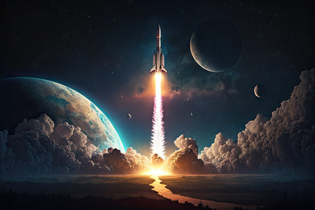rocket launch, with view of the earth and stars in the background, created with generative aiの素材