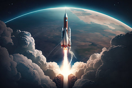 rocket launch, with view of planet earth and the sky above, created with generative aiの素材