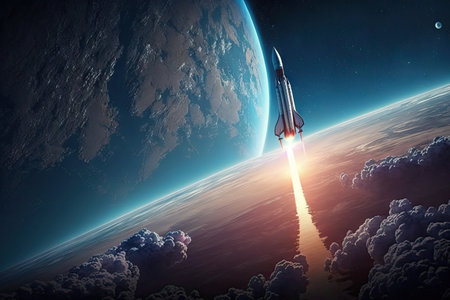 rocket launch, with view of planet earth and the sky above, created with generative aiの素材