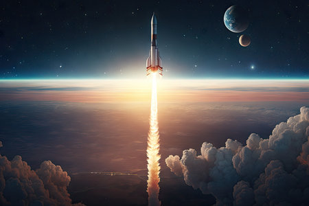 rocket launch, with view of the earth and the stars in the background, created with generative aiの素材