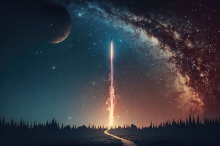 rocket launch, with view of the stars and galaxies in the night sky, created with generative aiの素材