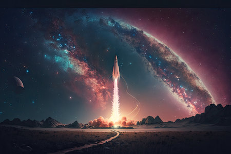 rocket launch, with view of the stars and galaxies in the night sky, created with generative aiの素材