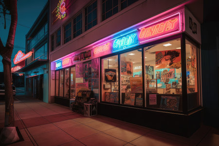 80s-style store exterior with retro signage, neon lights, and pop art, created with generative aiの素材